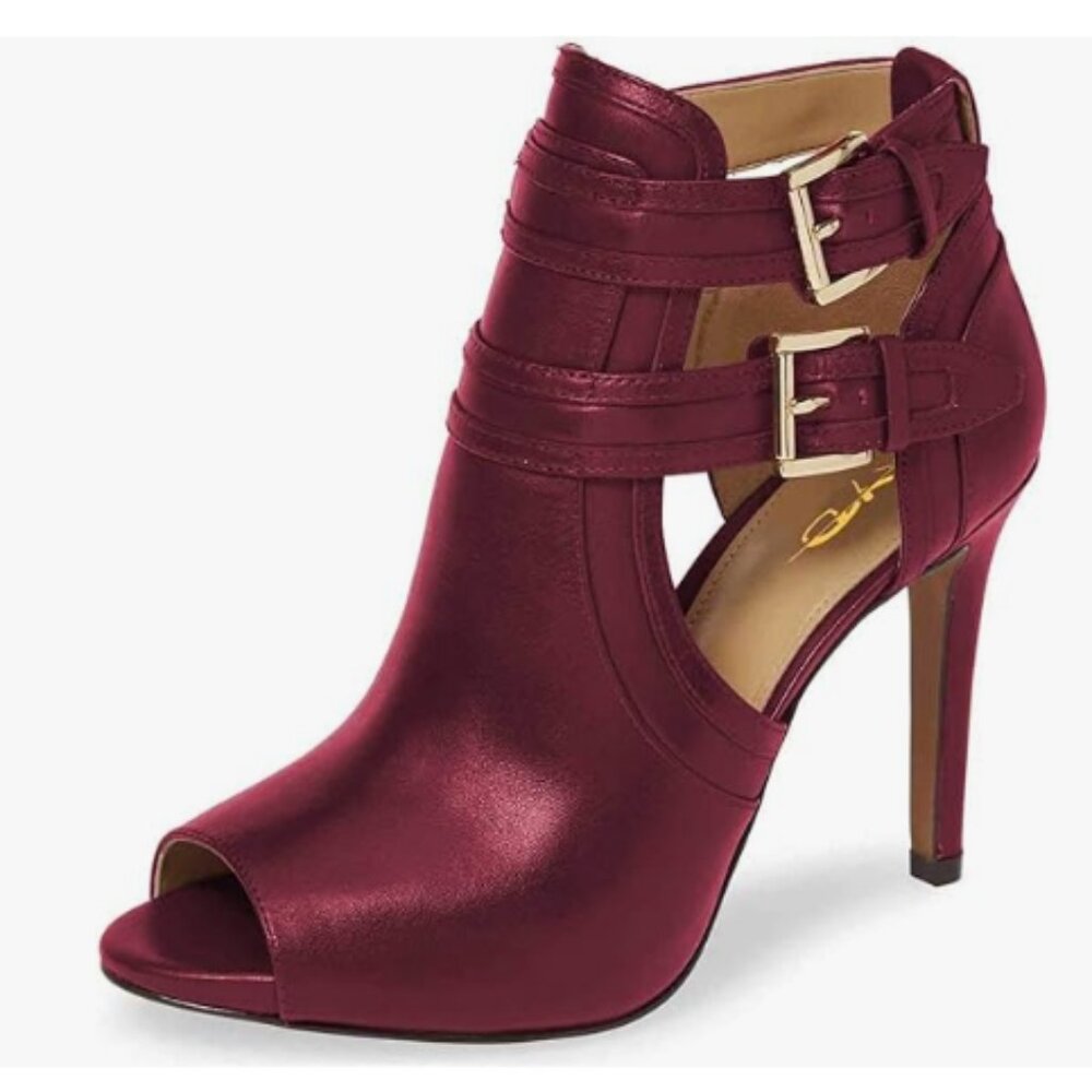 XYD Wine Peep Toe Ankle Boot High Heels Buckled Double Straps Cutout Party Shoe